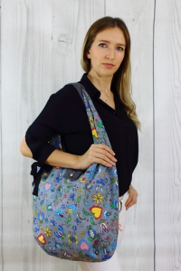 Szara torba na ramię damska kaszubska shopper z kolorowym wzorem ludowym