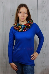 Szafirowa bluza damska oversize z dużym łowickim kapturem folk