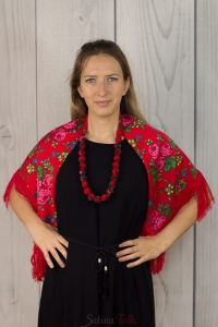 Czerwona chusta regionalna folkowa z frędzlami bawełna tybetowa damska