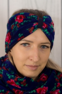 Niebieska ciepła opaska polarowa dwustronna w krakowski ludowy wzór dla dzieci i dorosłych