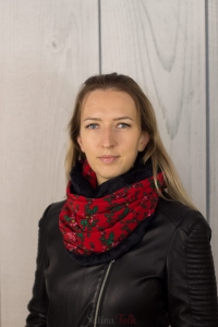 Czerwony komin góralski dwustronny z polarem minky folkowy szalik tuba